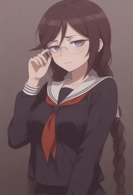 masterpiece, best quality, amazing quality,,, shiny skin,, (masterpiece, amazing quality, best quality, anime coloring),, fukawa_toko,1girl, long hair, braid, glasses, mole, twin braids, mole under mouth,round eyewear, bangs,brown hair, school uniform, serafuku, long sleeves,sailor collar, neckerchief,