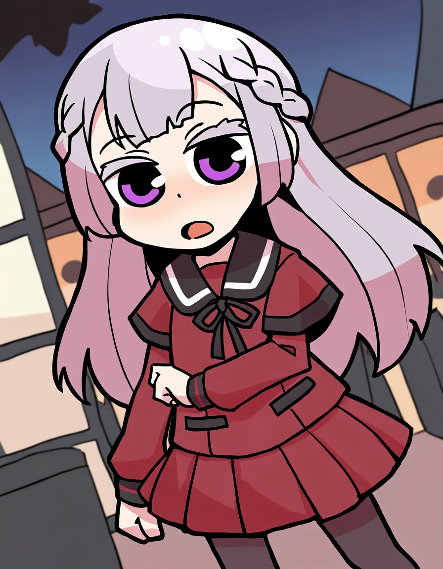 masterpiece, best quality, newest, absurdres, highres, safe, 1girl, shizumi konoha \(school uniform\), magia record: mahou shoujo madoka magica gaiden, red school uniform, pantyhose, papa \(shimeguru\), solo, open mouth, outdoors, dutch angle, <lora:shizumi_konoha_noobaiXLNAIXL_vPred10Version:0.7>