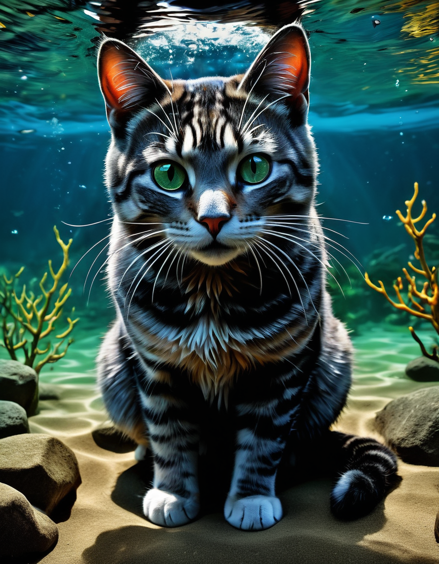 Full body Adventures underwater of a beautiful cat, expressive eyes, 3D efect, centered, symmetry, painted, intricate, volumetric lighting, beautiful, rich deep colors masterpiece, sharp focus, ultra detailed, (in the style of dan mumford and marc simonetti:1.3)
