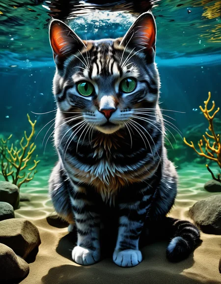 Full body Adventures underwater of a beautiful cat, expressive eyes, 3D efect, centered, symmetry, painted, intricate, volumetric lighting, beautiful, rich deep colors masterpiece, sharp focus, ultra detailed, (in the style of dan mumford and marc simonetti:1.3)
