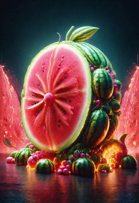 Documentary photograph, magical fantasy magic watermelon creature, cinematic light, high detail, beautiful, surreal, dramatic, warm colors<lora:Dreamyvibes artstyle SDXL - trigger with Dreamyvibes artstyle:1> Dreamyvibes Artstyle