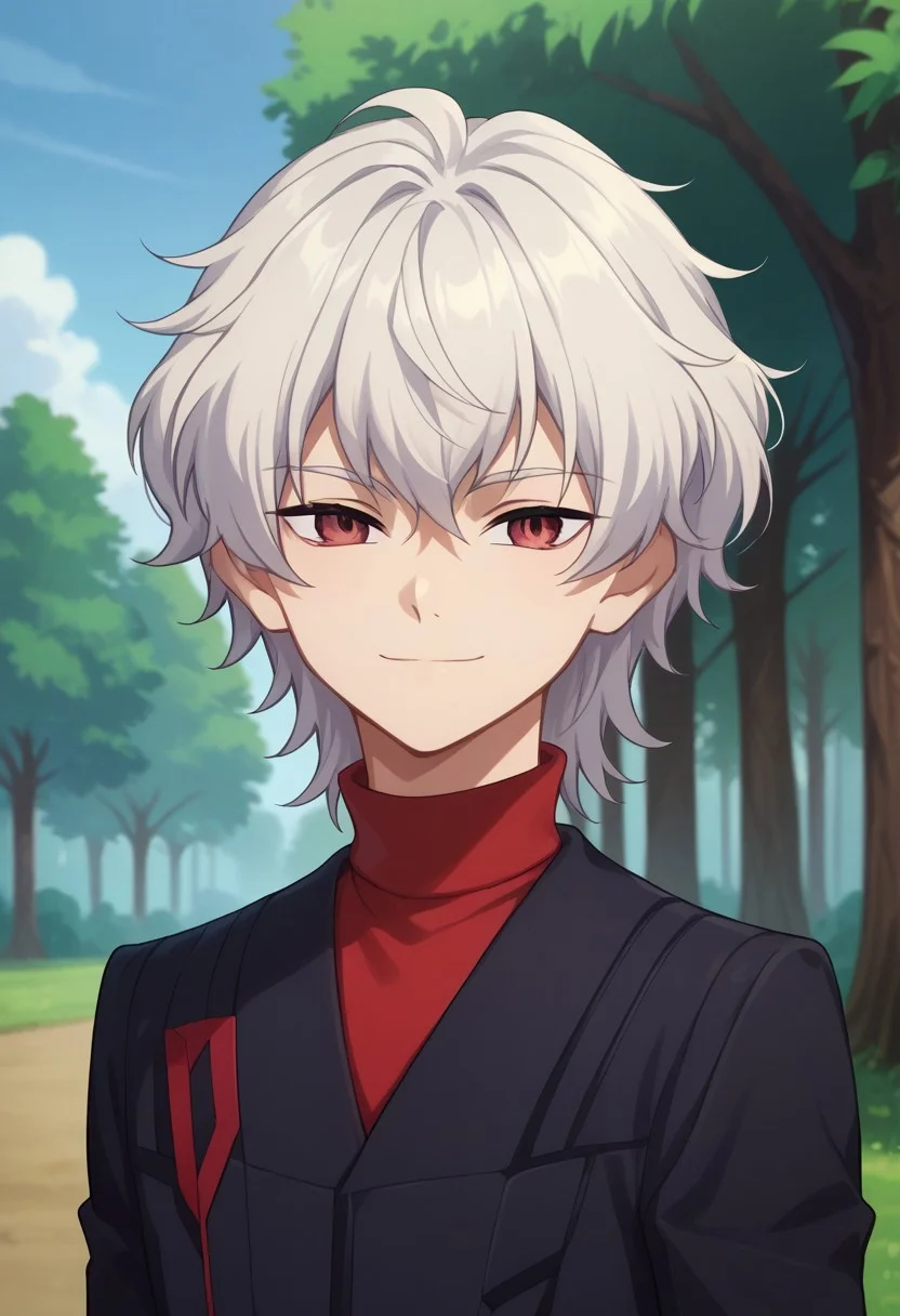 score_9, score_8_up, score_7_up, source_anime, highly detailed,
lusia, 1boy, male focus, solo, upper body, white hair, uniform, medium hair, turtleneck, red eyes, jacket, black jacket, sweater, red sweater, looking at viewer, smile,
outdoor, tree, sky,