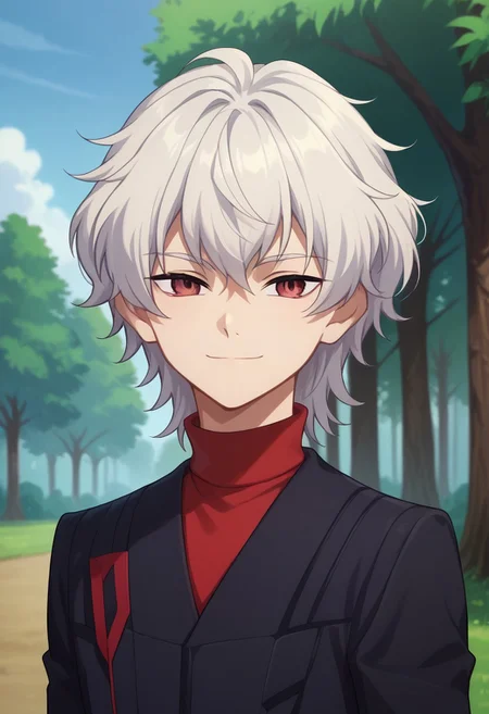 score_9, score_8_up, score_7_up, source_anime, highly detailed,
lusia, 1boy, male focus, solo, upper body, white hair, uniform, medium hair, turtleneck, red eyes, jacket, black jacket, sweater, red sweater, looking at viewer, smile,
outdoor, tree, sky,