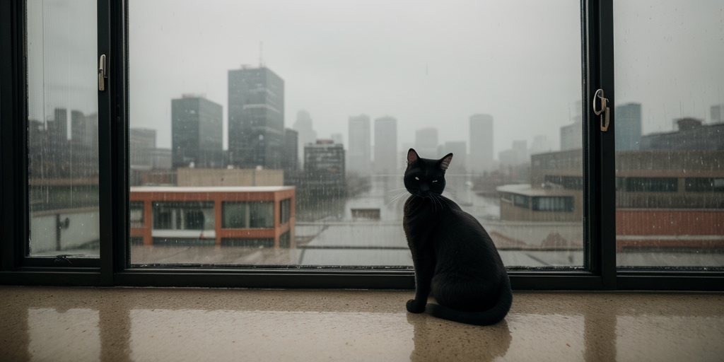 photo of a sad lonely cat at home, featuring a siamese cat perched on a windowsill, gazing wistfully out at the rainy landscape beyond. The important feature of the image is the cat's forlorn expression, framed by streaks of raindrops on the window pane. More details include the cat's sleek fur and the blurred outlines of city buildings in the background, adding to the sense of urban isolation. The pose of the cat is stoic yet contemplative, as if lost in thought. Shot framing is wide, capturing both the cat and the rainy cityscape to evoke a sense of longing and solitude. The setting/background is a dimly lit room with muted colors, contrasting with the vibrant hues of the outside world. Under soft, natural lighting with a hint of gray, the effect enhances the mood of melancholy and introspection. Shot from a high angle using a Canon EOS 5D Mark IV, the camera captures the cat's perspective as it gazes out into the rainy day. In the style of fine art photographer Gregory Crewdson, the image explores themes of loneliness and alienation in the modern urban environment