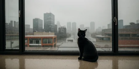 photo of a sad lonely cat at home, featuring a siamese cat perched on a windowsill, gazing wistfully out at the rainy landscape beyond. The important feature of the image is the cat's forlorn expression, framed by streaks of raindrops on the window pane. More details include the cat's sleek fur and the blurred outlines of city buildings in the background, adding to the sense of urban isolation. The pose of the cat is stoic yet contemplative, as if lost in thought. Shot framing is wide, capturing both the cat and the rainy cityscape to evoke a sense of longing and solitude. The setting/background is a dimly lit room with muted colors, contrasting with the vibrant hues of the outside world. Under soft, natural lighting with a hint of gray, the effect enhances the mood of melancholy and introspection. Shot from a high angle using a Canon EOS 5D Mark IV, the camera captures the cat's perspective as it gazes out into the rainy day. In the style of fine art photographer Gregory Crewdson, the image explores themes of loneliness and alienation in the modern urban environment
