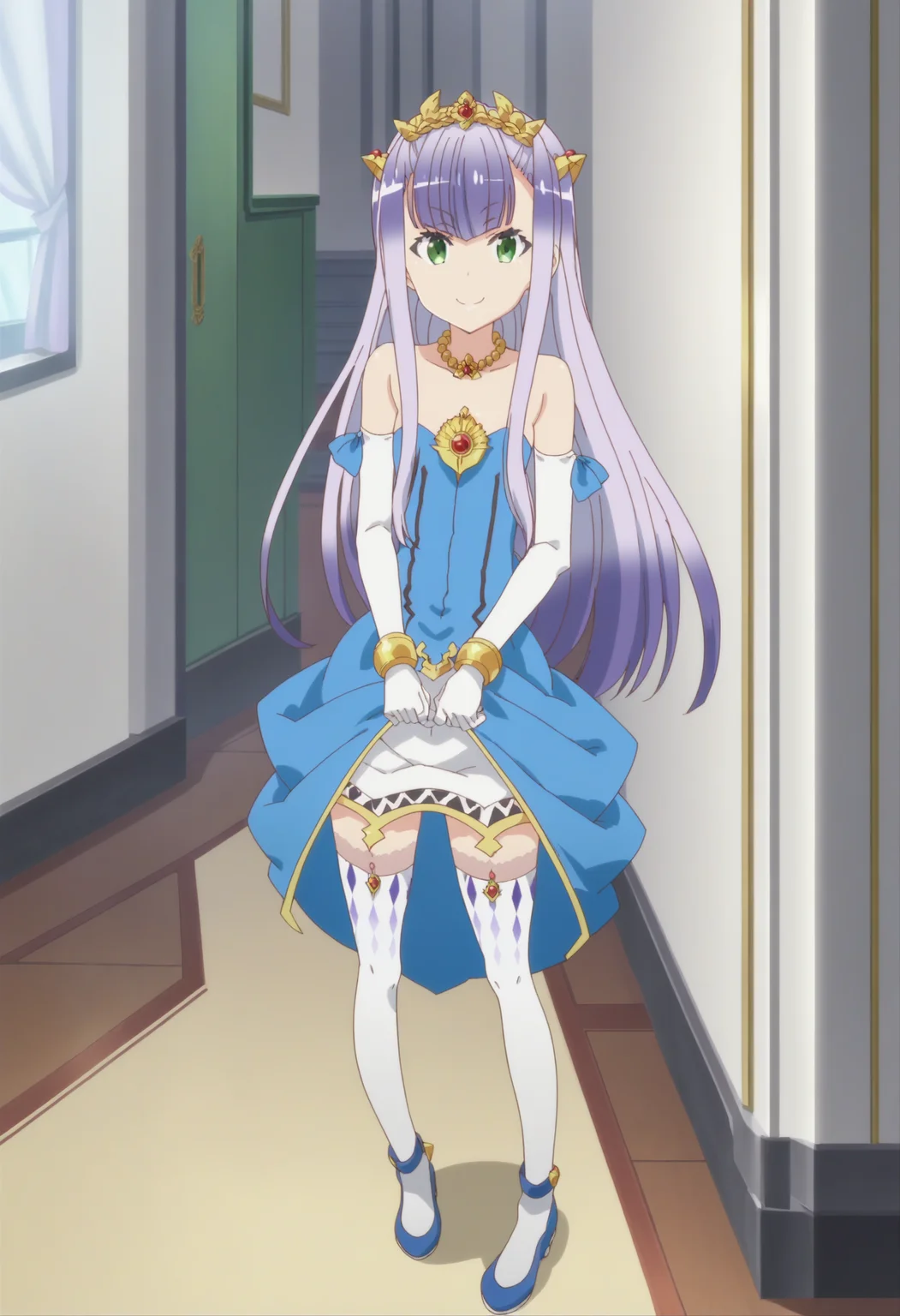 score_9, score_8_up, score_7_up, score_6_up, score_5_up, score_4_up , anime coloring ,BREAK source_anime, anime,screencap,
1girl, solo, petralka, thighhighs, white skirt, chest jewel, white arm gloves, necklace, bracelet, tiara, blue dress, blue footwear, <lora:PonyXL OC Petralka V1:1>
indoors,
smile, looking at viewer,
