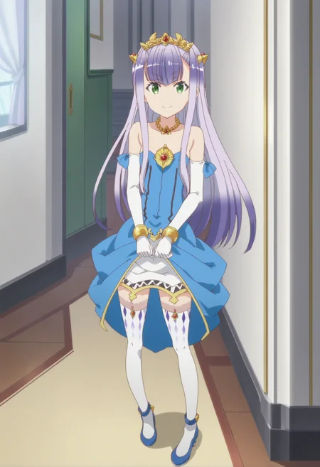 score_9, score_8_up, score_7_up, score_6_up, score_5_up, score_4_up , anime coloring ,BREAK source_anime, anime,screencap,
1girl, solo, petralka, thighhighs, white skirt, chest jewel, white arm gloves, necklace, bracelet, tiara, blue dress, blue footwear, <lora:PonyXL OC Petralka V1:1>
indoors,
smile, looking at viewer,