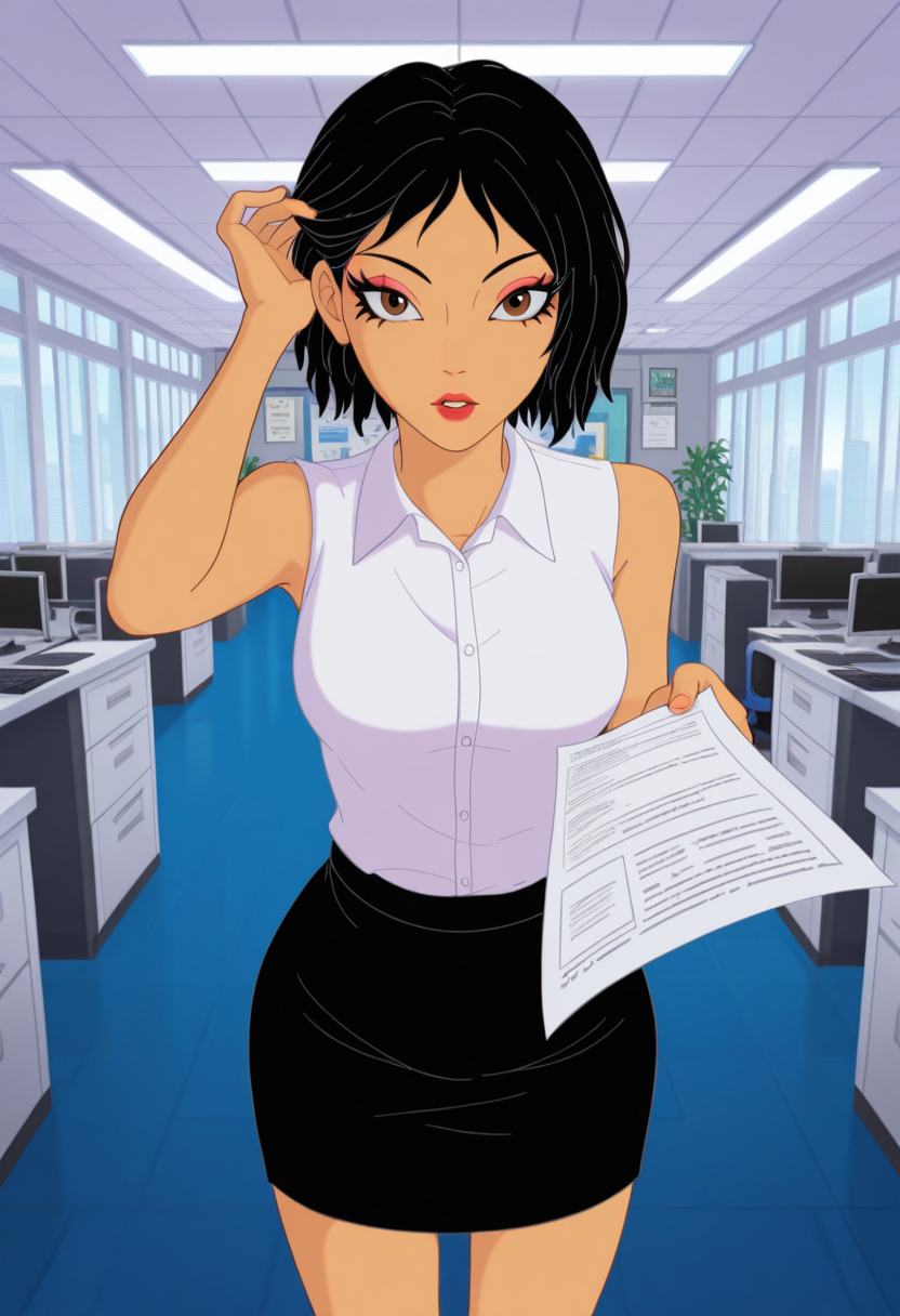 Graphic Design, color art, vibrant colors, colorful, intricate details, high contrast, detailed background, beautiful detailed, beautiful face, detailed eyes, detailed face, new, 1girl, solo, sh4mts4r, brown eyes, black hair, short hair, makeup, looking at viewer, perspective, dynamic pose, cowboy shot, sleeveless white collar shirt, pencil skirt, holding papers, parted lips, adjusting hair, office, (masterpiece, best quality, newest, recent, absurdres),