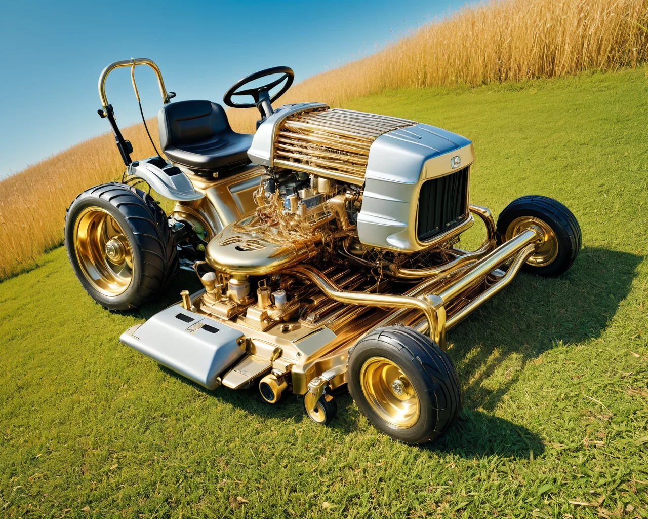 a raw photograph of a (qu4ntum style)(lawn mower in a suburban yard),covered in (brass pipes) and (silver circuit wire),hyperrealistic,masterpiece,magazine advertisement,8K wallpaper,wide_shot,from_above,bokhe,depth of field<lora:Qu4ntumPunk_04XL-000007:0.8>