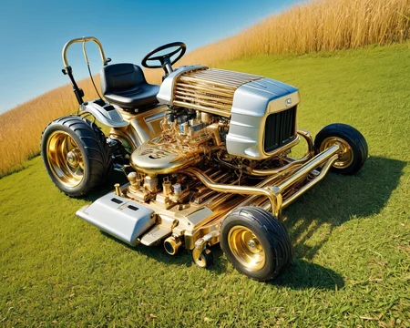 a raw photograph of a (qu4ntum style)(lawn mower in a suburban yard),covered in (brass pipes) and (silver circuit wire),hyperrealistic,masterpiece,magazine advertisement,8K wallpaper,wide_shot,from_above,bokhe,depth of field<lora:Qu4ntumPunk_04XL-000007:0.8>