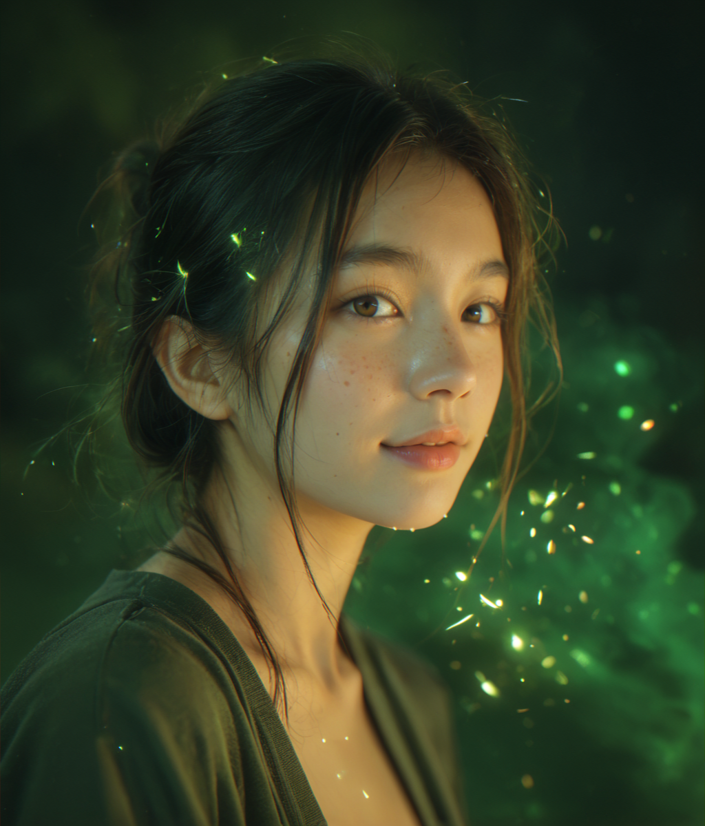 (score_9,score_8_up,score_7_up),
photorealistic, photography, depth of field, immersive lighting, cinematic,
Japanese, asian, monolid, looking at viewer,
sparks green smoke, green theme,