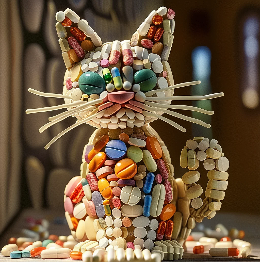 pills cat with pills, beautiful lighting and framing, a very detailed masterpiece <lora:pills:1>