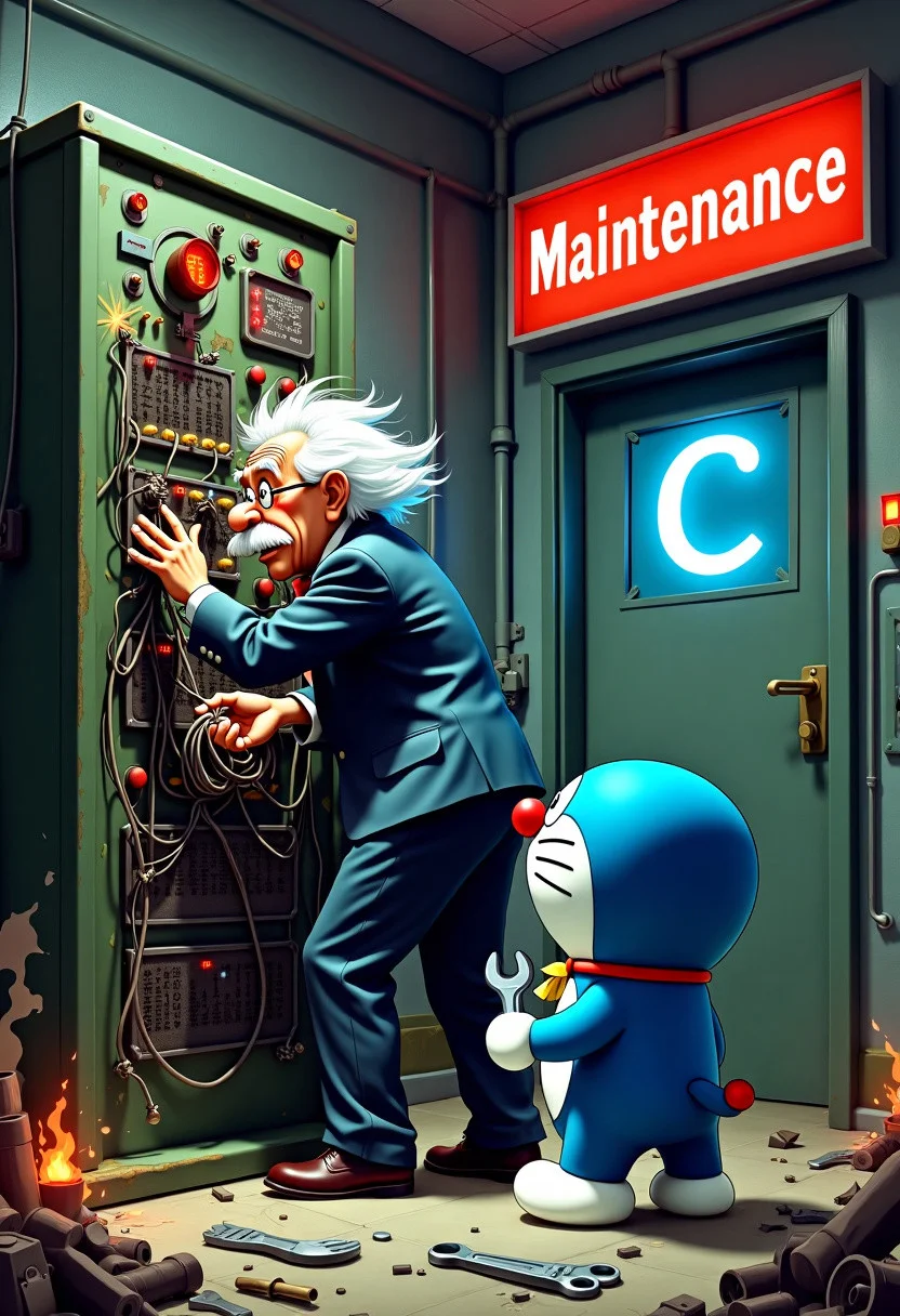 Art Style: Americana, dramatic lighting, isolated figures, psychological nuance.
Description: In a chaotic high-tech lab, two iconic figures tackle a malfunctioning system. The room is cluttered with broken tools, tangled cables, and flashing warning lights. A blue "C" symbol is prominently displayed on a nearby wall.
Albert Einstein: In his classic suit, Einstein frantically adjusts a tangle of wires on a vintage control panel. His face reflects intense concentration and frustration, with sparks flying from the panel.
Doraemon: Relatively short, Doraemon stands nearby holding a wrench. He watches Einstein with a supportive expression, ready to help if needed.
Background: The scene includes broken tools scattered around, a large red "Maintenance" sign overhead, and small fires and smoke adding to the chaotic atmosphere.