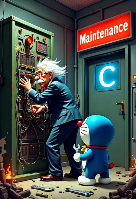 Art Style: Americana, dramatic lighting, isolated figures, psychological nuance.
Description: In a chaotic high-tech lab, two iconic figures tackle a malfunctioning system. The room is cluttered with broken tools, tangled cables, and flashing warning lights. A blue "C" symbol is prominently displayed on a nearby wall.
Albert Einstein: In his classic suit, Einstein frantically adjusts a tangle of wires on a vintage control panel. His face reflects intense concentration and frustration, with sparks flying from the panel.
Doraemon: Relatively short, Doraemon stands nearby holding a wrench. He watches Einstein with a supportive expression, ready to help if needed.
Background: The scene includes broken tools scattered around, a large red "Maintenance" sign overhead, and small fires and smoke adding to the chaotic atmosphere.