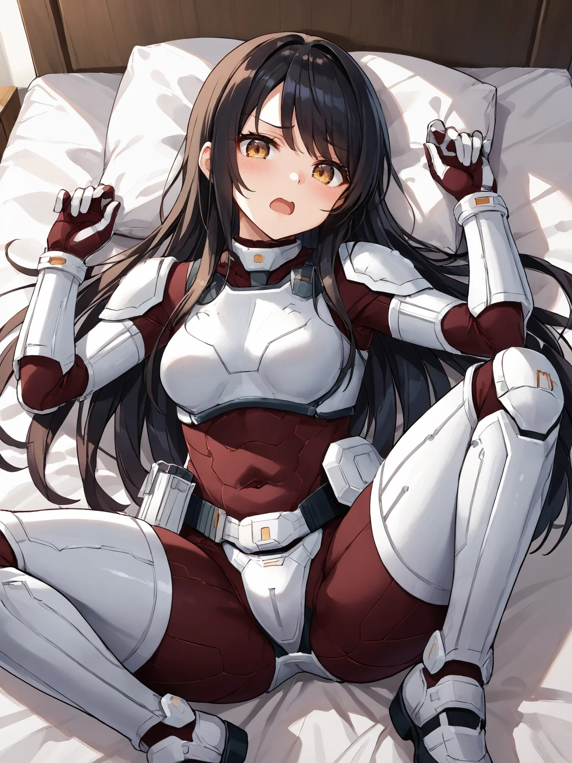 score_9, score_8_up, score_7_up, <lora:offset_0.2:0.1>, <lora:spo_sdxl_10ep_4k-data_lora_webui:1>, BREAK,
1girl, solo, source_anime, BREAK,
terraformarsmoviebodysuit, armored bodysuit, black bodysuit, white armor, boobplate, shoulder pads, wrist guards, black gloves, white gloves, utility belt, belt pouch, hip armor, crotch plate, thigh armor, knee pads, shin guards, armored shoes, <lora:Terraformars:1>, BREAK,
black hair, swept bangs, long hair, brown eyes, medium breasts, BREAK,
blush, embarrassed, open mouth, looking at viewer, BREAK,
lying, on bed, spread legs, legs up, straight-on, facing viewer, hands up, BREAK,
from above, indoors, bedroom, bed