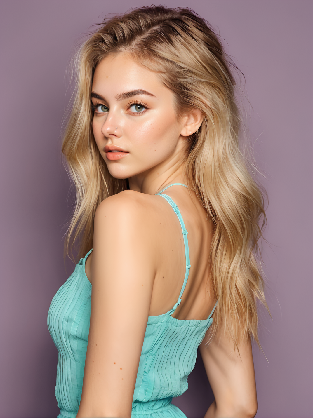 30yo neysasynth, full body, standing, neutral background, sultry,