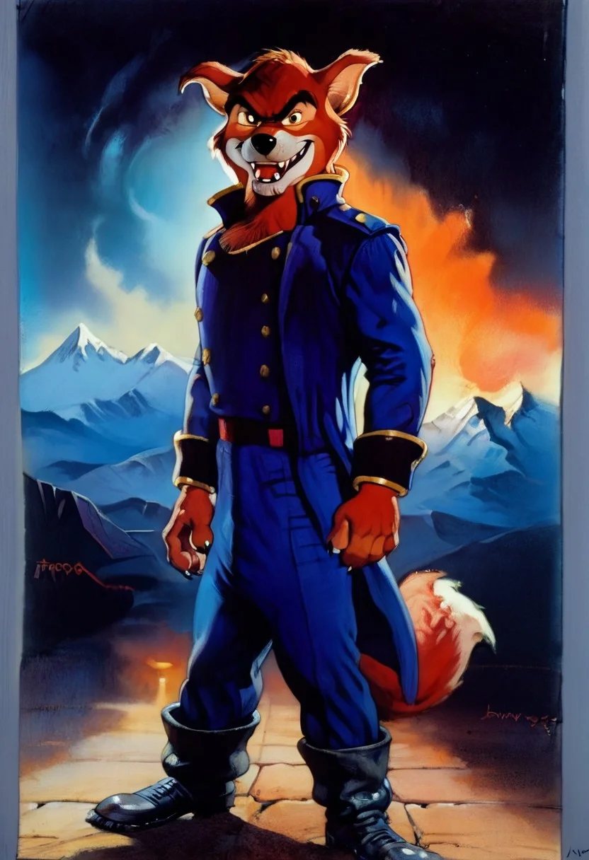 score_9, score_8_up, score_7_up, score_6_up, looking at viewer, close up, devious, devious smirk, fangs, red wolf, anthro, furry, male, blue captain suit, pants, boots, standing confident, mountain background, retro artstyle, traditional media, dramatic lighting<lora:Don_Karnage_Talespin_PonyXL:1> <lora:Disney_Renaissance:1>