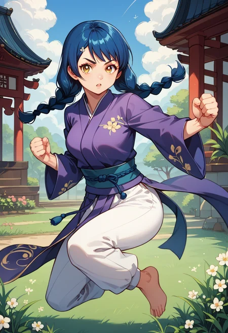 (tadokoro megumi),
score_9, score_8_up, score_7_up,masterpiece, best quality, ultra detailed, in a big garden in front of a old Chinese building, green plants, long grass, flower,
A picture of a girl, solo, practicing Chinese kung_fu , she is wearing a yin_yang_print robe, white pants, barefoot, looking at viewer seriously, fighting stance, (jumping and kicking),
A Japanese 1girl has blue hair which was bound into twin braids, yellow eyes and brown pupils, round face, (tender and slender:1.21) body with medium breasts, , <lora:TadokoroMegumi_Pony_r1:1>