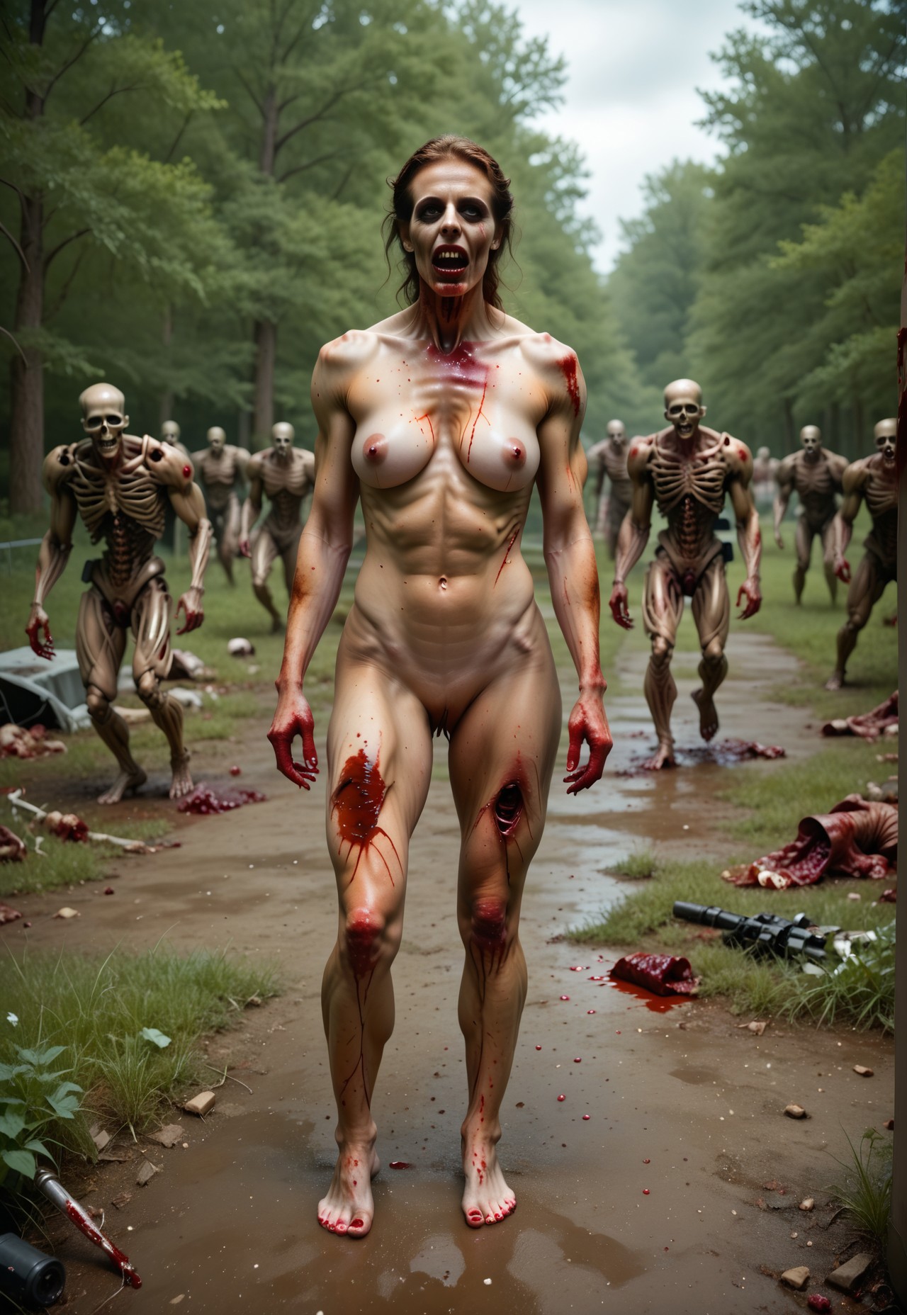 safe_pos, pale, tattered outfit, rotten, skeletal, photo score_9_up score_8_up score_7_up action scene movie stil zombies  horror action scene, big budget blockbuster,  gore, killed cannibals ,woman, , men ,happy to die, , 4girl  nude blood realistic dirty walking barefoot medium breasts nude nsfw blood undead ghouls, zombies ,living dead, detailed, huge breasts ,blood and guts and innards ,realistic ,nsfw, best quality,masterpiece ,4k uncensored, prefect lighting, rating_explicit, groups on blood undead hoards in background