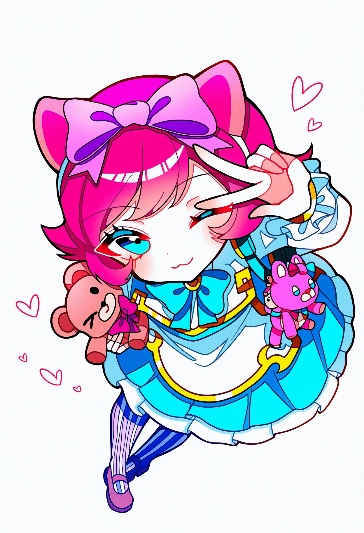 annie \(league of legends\),  cafe cuties annie, league of legends, 1girl, solo, smile, from above, close-up, wink, one eye closed, v over eye,  bent over, v, heart, <3, foreshortening, perspective, cafe, maid cafe, looking at viewer, short hair, bangs, blue eyes, long sleeves, dress, bow, animal ears, full body, pink hair, hair bow, pantyhose, shoes, striped, bowtie, stuffed toy, stuffed animal, pink bow, vertical stripes, teddy bear, striped pantyhose, holding cafe cuties teddy bear, pink teddy bear,
(traditional media,:0.7)(hatching \(texture\),: :0.3)(masterpiece:0.5) scenery,