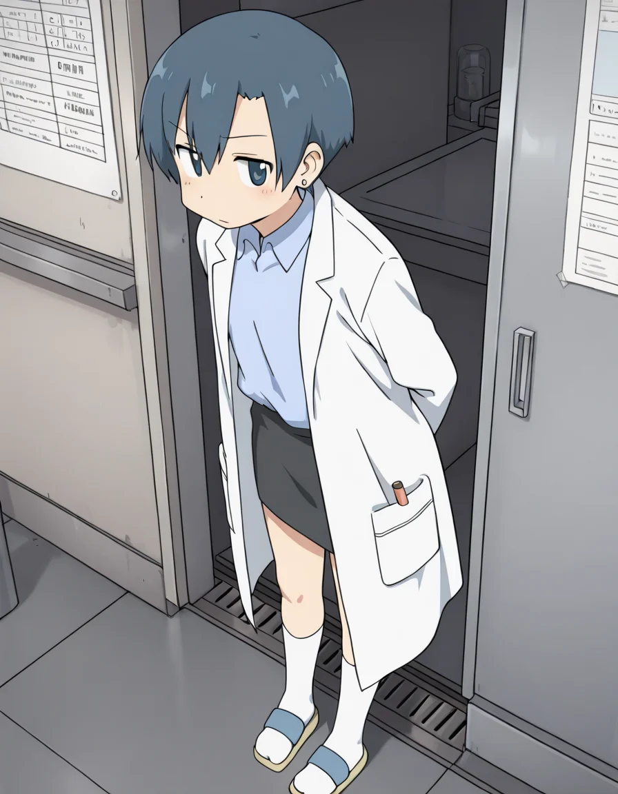 (masterpiece:1.4), (best quality:1.4), very aesthetic, newest,best quality, amazing quality, very aesthetic, absurdres,
1girl,nakamura_sensei short hair, solo, blue hair,
black skirt,pencil skirt,blue shirt, white coat, collared shirt, open coat,lab coat, white socks,knee highs,sandals,earring<lora:nakamura_sensei:1>
indoor,looking at viewer,
from side
