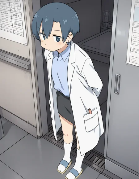 (masterpiece:1.4), (best quality:1.4),  very aesthetic, newest,best quality, amazing quality, very aesthetic, absurdres,
 1girl,nakamura_sensei short hair, solo, blue hair,
black skirt,pencil skirt,blue shirt, white coat, collared shirt, open coat,lab coat, white socks,knee highs,sandals,earring<lora:nakamura_sensei:1>
indoor,looking at viewer,
from side