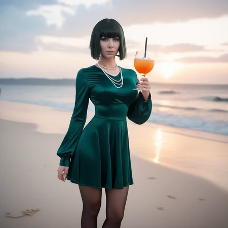 cinematic photo full body portrait 1girl, large breast, green eyes,  dress, necklace, thighhighs, jewelry, short black hair, bangs, having a cocktail on the beach, sunset <lora:Fubuki1024:0.8> . 35mm photograph, film, bokeh, professional, 4k, highly detailed