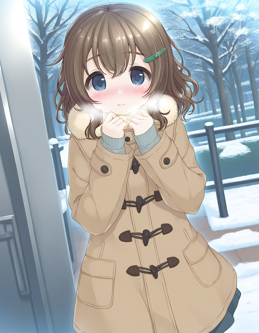 general,highres, ultra-detailed,very aesthetic,best quality ,best hands,  BREAK <lora:Fukami_Nonoka_IS:1> FukamiNonoka, 1girl,solo, bangs, medium hair, brown hair, hairclip, blue eyes, 
solo, blush, brown coat, looking at viewer, skirt, long sleeves, fur trim, winter clothes