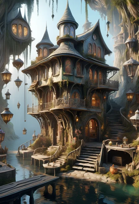 hyper detailed masterpiece, dynamic realistic digital art, awesome quality,crumbling habitation,interactive holographic building skins rivendell,irregular seaside resort fog,l-systems, folklore,Umbral,dismal,lustrous,design-driven,oxidizing,atmospheric layers,DonMT34P4rtyXL <lora:DonMT34P4rtyXL-v1.1-000008:0.8>