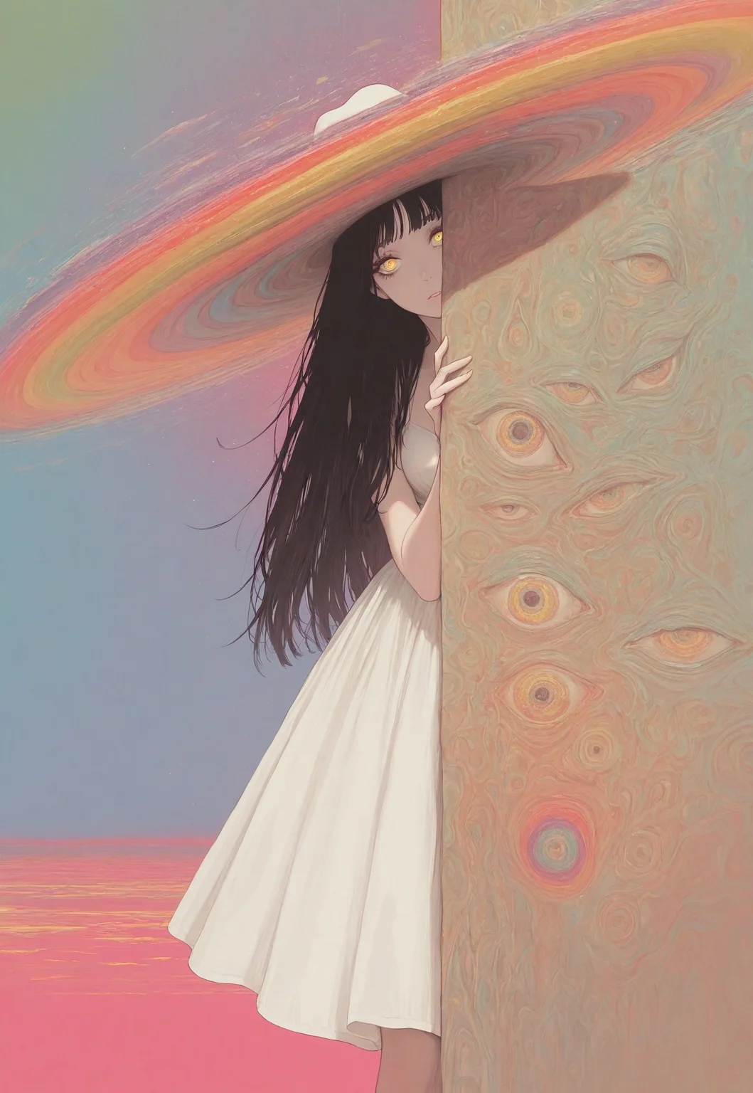 best quality, hires, surreal, solo, 1girl, white dress, colored background, yellow eyes, peeking out, colorful background, rainbow order, outdoors, hat, long hair, black hair, vdsur