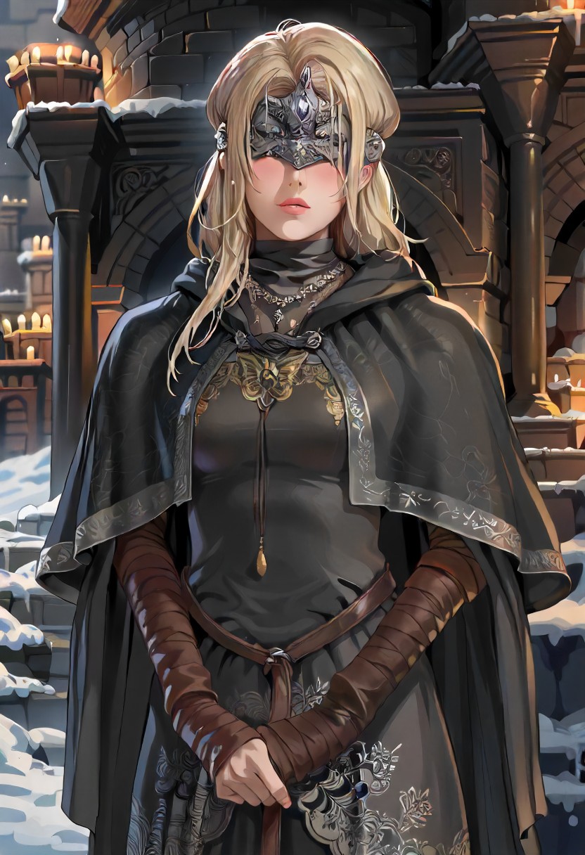 score_9, score_8_up, score_7_up,    <lora:FireKeeperXl11:1.0> FireKepeerXl11, Blonde hair, Long hair, Crown, Cloak, necklace, black dress, own hands together, BANDAGED ARMS, medium breast