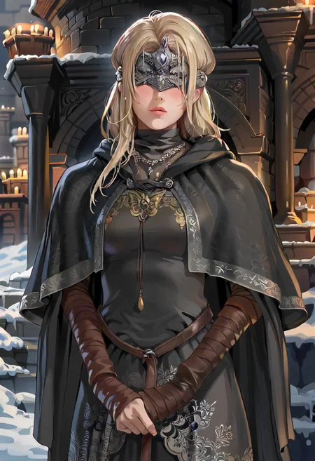 score_9, score_8_up, score_7_up,    <lora:FireKeeperXl11:1.0> FireKepeerXl11, Blonde hair, Long hair, Crown, Cloak, necklace, black dress, own hands together, BANDAGED ARMS, medium breast
