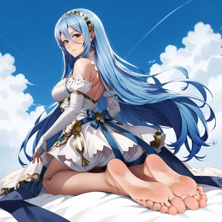 safe_pos, score_9, score_8_up, score_7_up, tsa, 1girl, azura fire emblem, fire emblem fates, blue hair, blush, medium breasts, elbow gloves, fingerless gloves, very long hair, looking at viewer, white dress, white gloves, yellow eyes, kneeling, looking back, feet, soles, foot focus