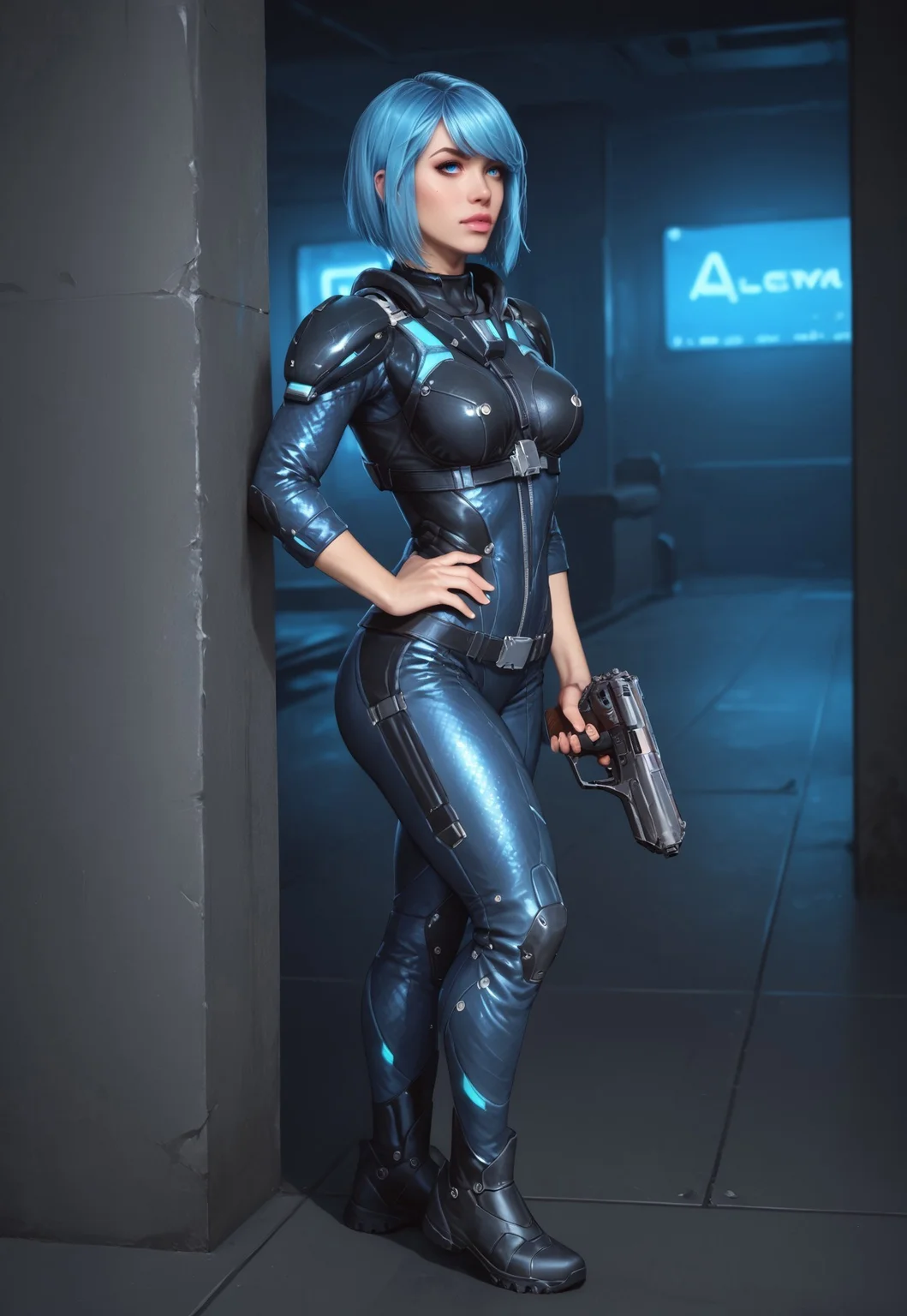 safe_pos, core_9, score_8_up, score_8, semi realistic, ultra detailed, 8k, high quality, hi res, high quality, detailed eyes, perfecteyes, detailed face, 1girl, sharp focus, cowboy-shot, focus on hip, (1girl:1.2), Nyx from Quake Champions, futuristic assassin outfit, pistol in hand, pale skin, long legs, (glowing bobcut blue hair, side bangs), realistic, cinematic angle, cinematic lighting, athletic body, intense face, glowing blue eyes, stealthy pose
BREAK
infiltrating a high-tech corporate facility at night
BREAK
source_sci_fi_art, rating_explicit, expressive, full body, side view, dynamic pose
BREAK
detailed beautiful background, futuristic architecture, neon lights, advanced security systems, holographic displays, dark shadows, tense atmosphere
(full clothed)