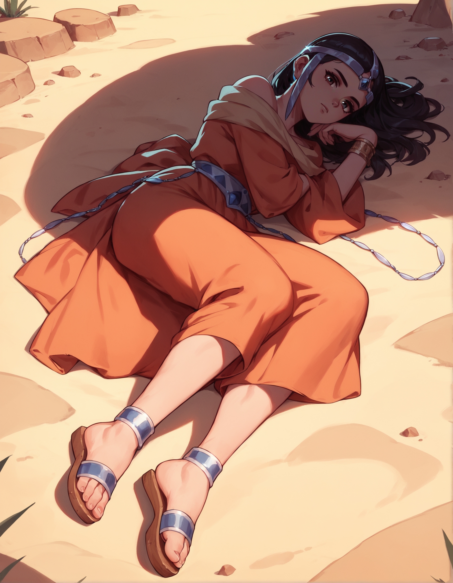 score_9, score_8_up, score_7_up,score_6_up,high resolution,full body,mrl,1girl,in a desert,dress,circlet,sandals,volumetric lighting,rim lighting,dof,dramatic shadow,looking at viewer,laying down, j0j0styl3