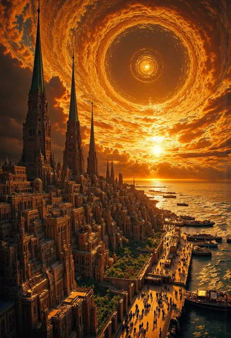 « The city now appeared, and never had it seemed more magnificent, with spires catching the light of sunset. »