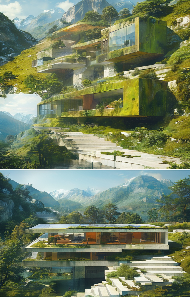 masterpiece,best quality,<lora:tbh311-sdxl:0.9>,illustration,designed by Rem Koolhaas Sustainable eco-village with green roofs and solar panels, nestled in a mountain valley