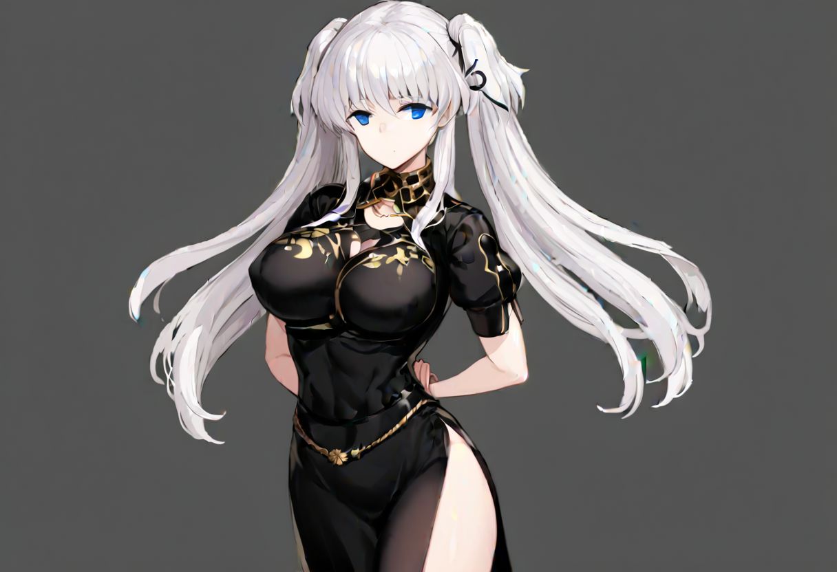 white hair, very long twintail, blunt bangs, long side bangs, blue eyes, empty eyes, gold torc, black hair strap, black nao costume with a white flower drawn on the chest, right side slit, black stockings, waist strap, 
masterpiece, best quality, very aesthetic, absurdres, 1milf, 1adult, solo, full_body, tachi-e,