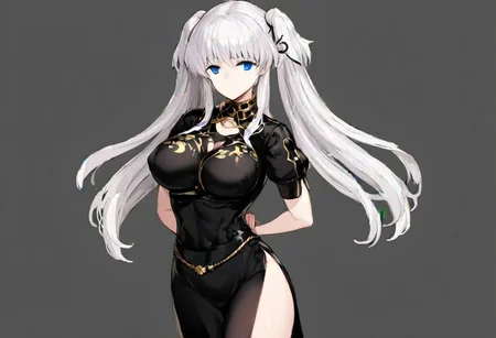 white hair, very long twintail, blunt bangs, long side bangs, blue eyes, empty eyes, gold torc, black hair strap, black nao costume with a white flower drawn on the chest, right side slit, black stockings, waist strap,
masterpiece, best quality, very aesthetic, absurdres, 1milf, 1adult, solo, full_body, tachi-e,