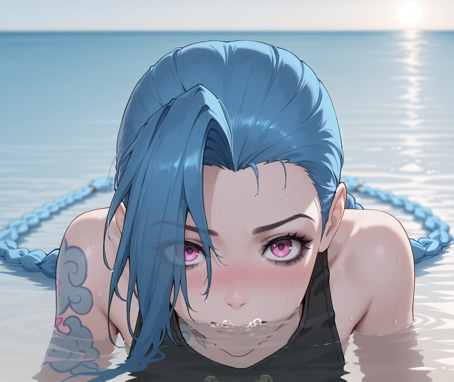 highres, hi res, best quality, masterpiece, 2d, intricate details, 4k, anime coloring, shaded, shadow, countershading,
1girl, solo, female, eyelashes, nose, nose blush, blue hair, braid, long braid, long hair, pink eyes, tattoo, twin braids, very long hair, jinx \(league of legends\), arcane jinx,
depth of field, looking at viewer, water, partially submerged, mouth under water, shoulders under water, horizon, <lora:Mouth_under_Water_ILXL:1>
