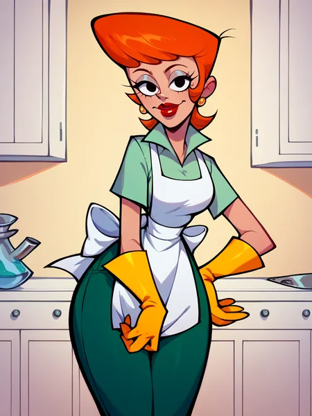 score_9, score_8_up, score_7_up, score_6_up, score_5_up, <lora:momDLXLP:0.5> momdl, mom_(dexter's_laboratory), gloves, apron, orange hair, pants, yellow gloves, solo, red lipstick, <lora:dexterslabXLP:1> dexters lab, looking at viewer,