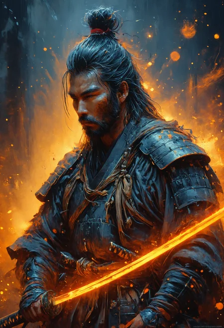 Samurai, hyperrealism, very detailed skin, 4k,,, AshleyWoodArtAI,, katana profile picture, Organic Painting, night time, Matte Painting, bold shapes, hard edges, street art, trending on artstation, by Huang Guangjian and Gil Elvgren and Sachin Teng <lora:Rainbow_Style:0.6> <lora:SDXLFaeTastic2400:0.4> <lora:AshleyWoodArtAIcc:0.7> <lora:female samurai style v2:0.8> <lora:XL_Weapon_Katana_-_By_HailoKnight:0.8>