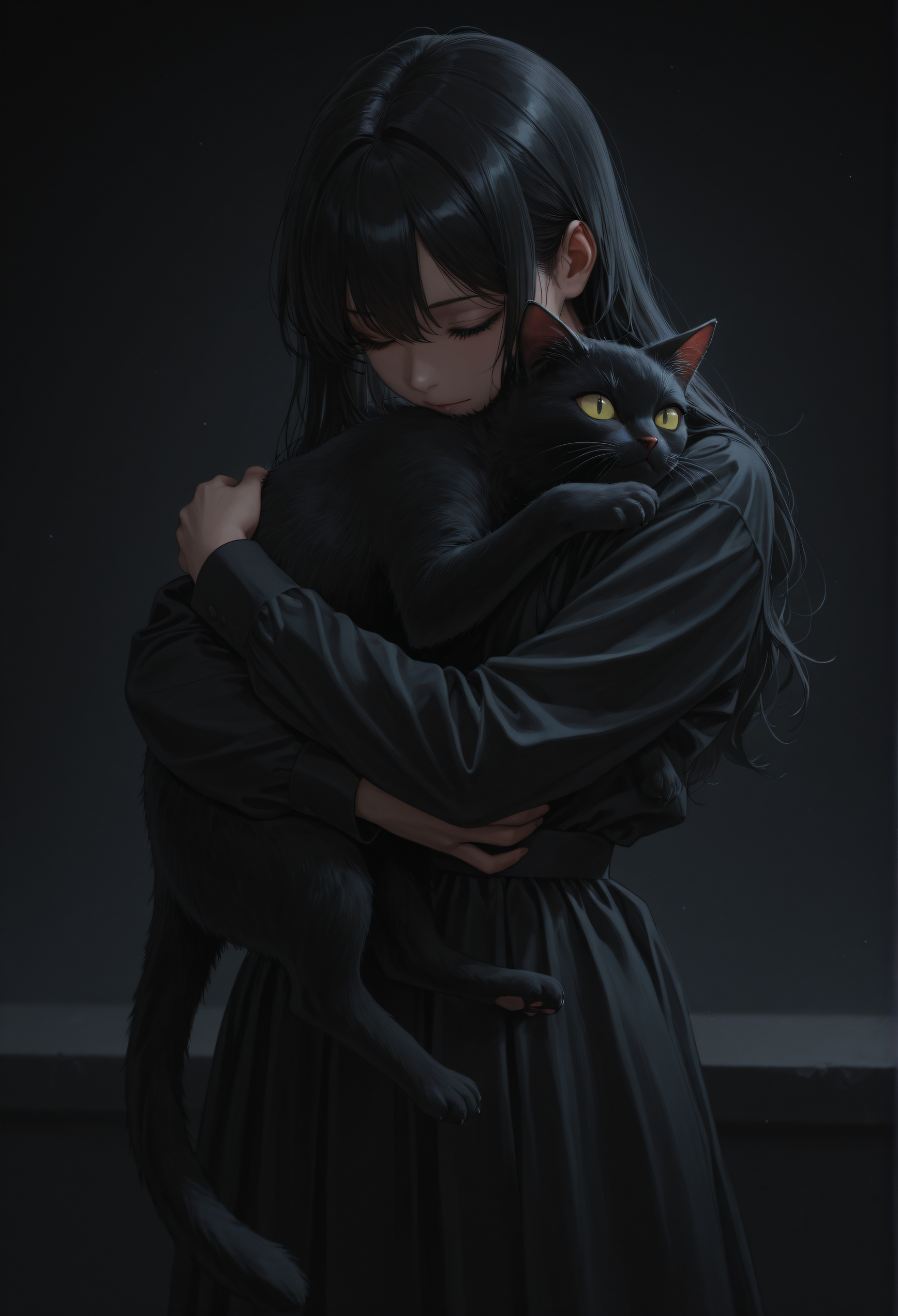 dark, dark theme, black cat, hug, masterpiece, absurdres