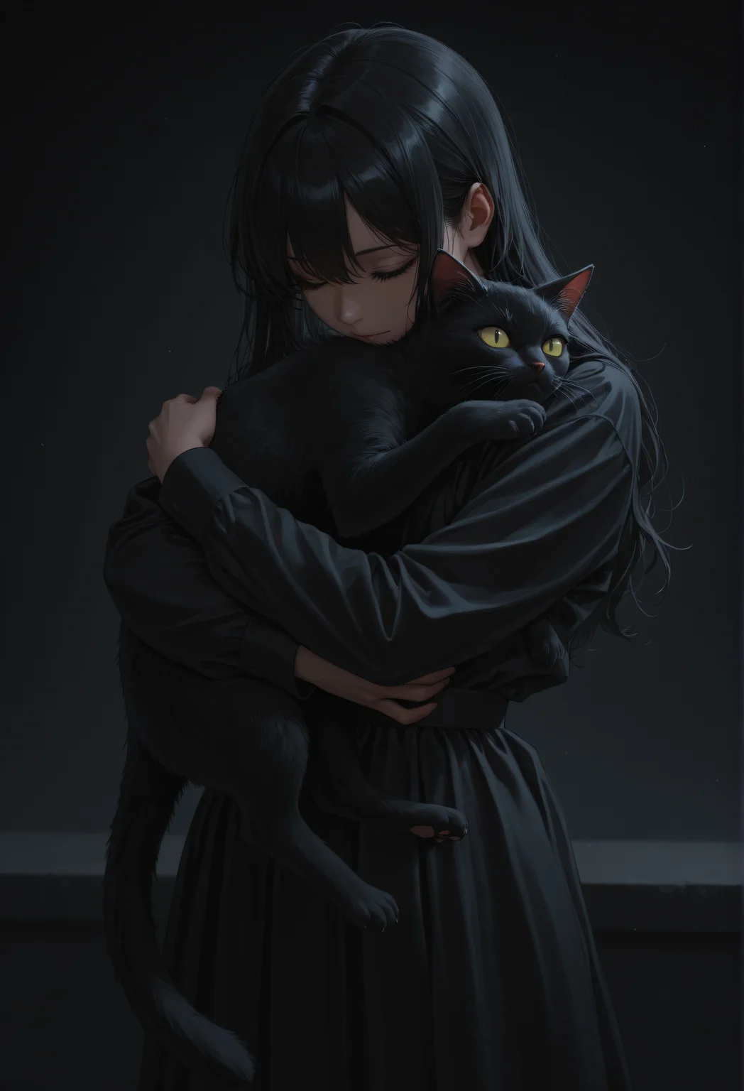 dark, dark theme, black cat, hug, masterpiece, absurdres