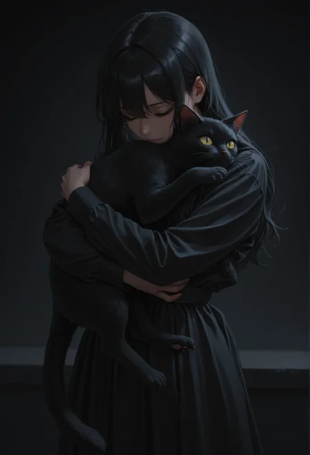 dark, dark theme, black cat, hug, masterpiece, absurdres