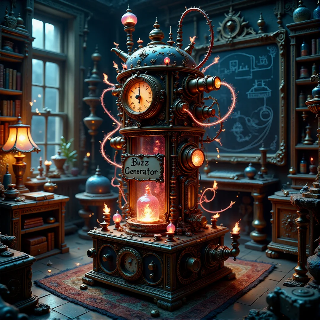 Inside a cluttered, whimsical living room transformed into a mad scientistâs workshop, a fantastical contraption dubbed the "Buzz Generator" sits in the center of the room. This amateur invention is an intricate, chaotic collection of pipes, glowing tubes, spinning gears, and sparking wires, all haphazardly assembled from everyday household objects like teapots, broomsticks, and old radios. The machine is alive with energy, emanating a soft magical glow, with arcs of electricity dancing between its various components. It hums and buzzes with a mixture of sci-fi and fantasy technology, as if itâs channeling otherworldly energy. A crude hand written sign hangs from this mysterious device, proclaiming "~ Buzz Generator ~".
The aesthetic is a blend of steampunk and enchanted machinery, with floating glowing runes, levitating crystals, and miniature portals swirling at the heart of the device. The room itself is cozy but disorganized, with bookshelves overflowing with arcane tomes, jars of mysterious substances, and scattered blueprints tacked to the walls. In the background, dimly lit by the contraptionâs glow, a chalkboard is filled with cryptic equations, magical symbols, and half-finished sketches of the "Buzz Generator." 
The overall atmosphere is whimsical and chaotic, with an air of both wonder and danger, as if the invention could either create a miracle or cause a bizarre magical explosion. The lighting is warm but flickering, casting long, dancing shadows that add to the sense of a strange, experimental energy filling the room. The scene feels like a cross between a fantasy wizard's tower and a sci-fi inventorâs lab. 
<lora:best_of_flux_v30_rank64_bf16:1>