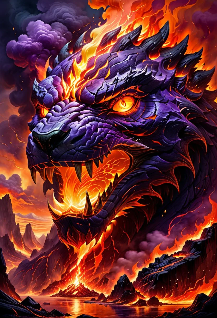 In the chaotic and fiery landscape, the fire elemental stands tall, its form a mass of orange and red energy. The sky above is a deep shade of purple, reflecting the intense heat of the inferno, and streaked with wisps of smoke and steam. The air is thick with the smell of burning rock and sulfur, and the sound of crackling flames and hissing lava fills the air, drowning out all other sounds. The fire elemental's presence is felt as a palpable force, its power over the fire and lava inescapable and awe-inspiring.