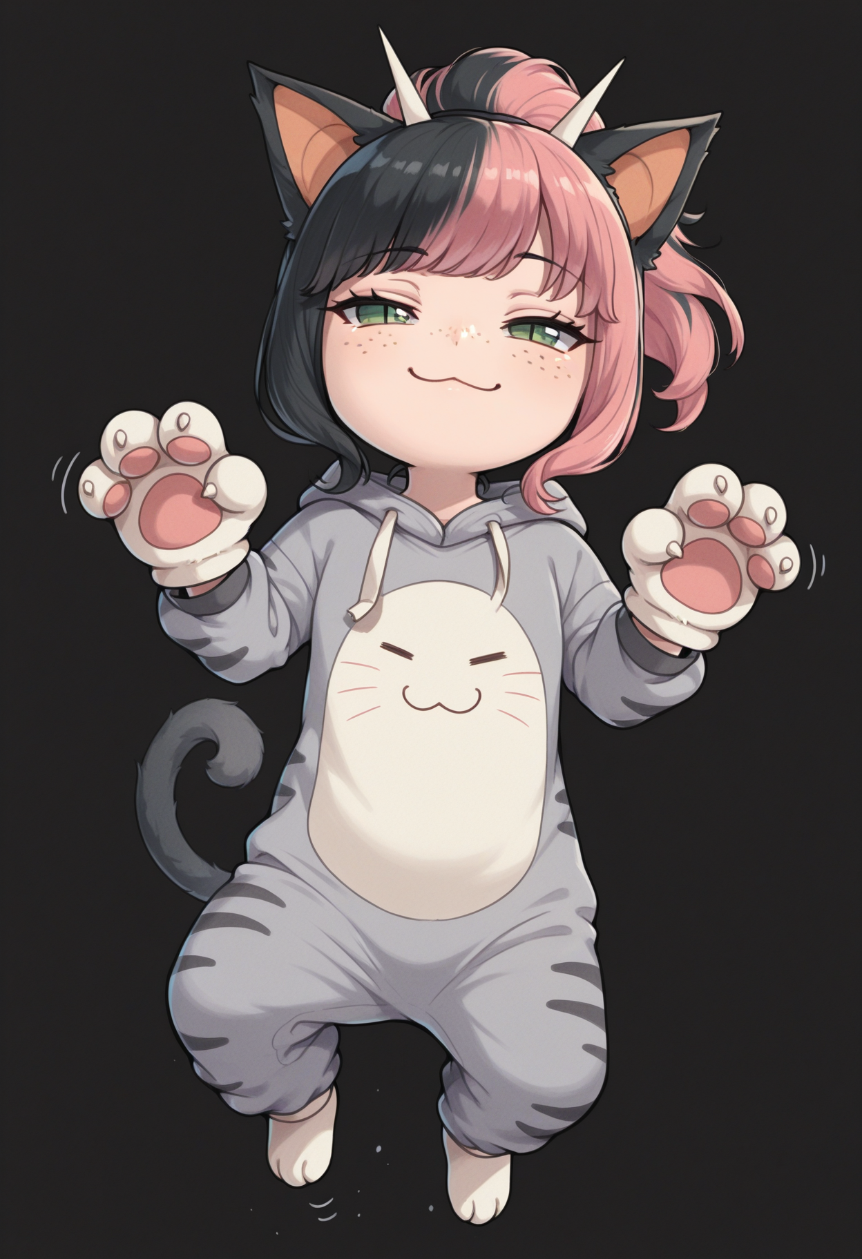masterpiece, best quality, (realistic:0.35), traditional media, watercolor /(medium/), 1girl, solo, <lora:clamchan_illu:1> animal ears, black hair, pink hair, multicolored hair, ponytail, green eyes, slit pupils, freckles, cat tail, chibi, gray onesie, paw pose, jumping, black background, Meowth costume, paw gloves, smug, :3, =.=