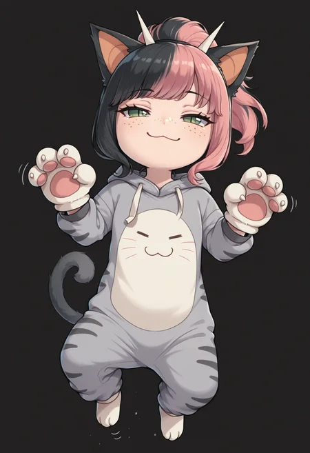 masterpiece, best quality, (realistic:0.35), traditional media, watercolor /(medium/), 1girl, solo, <lora:clamchan_illu:1> animal ears, black hair, pink hair, multicolored hair, ponytail, green eyes, slit pupils, freckles, cat tail, chibi, gray onesie, paw pose, jumping, black background, Meowth costume, paw gloves, smug, :3, =.=