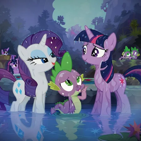 (masterpiece, score_9, score_8_up, score_7_up:0.8), rarity, twilight sparkle, spike, mff threesome, vector, flat colors, detailed background, outdoors, pond, ankle deep water, late evening, wet skin, wet, bathing, Twilight Rarity and Spike Together